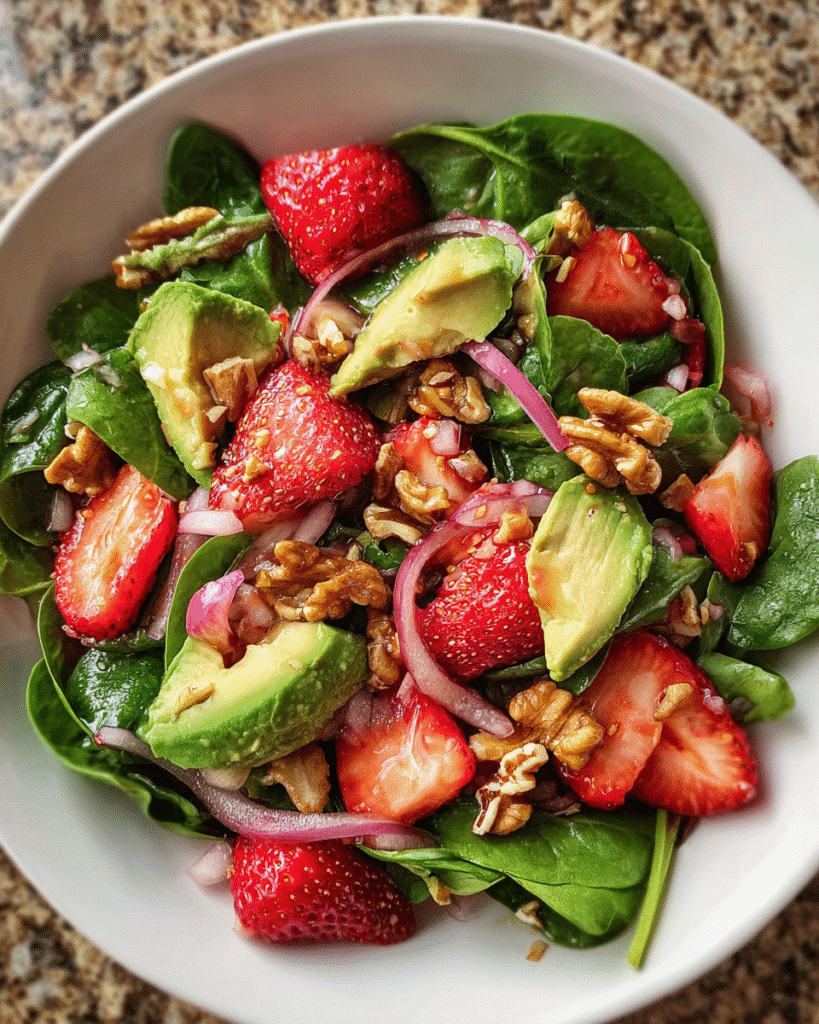 Vibrant strawberry spinach salad with avocado and walnuts