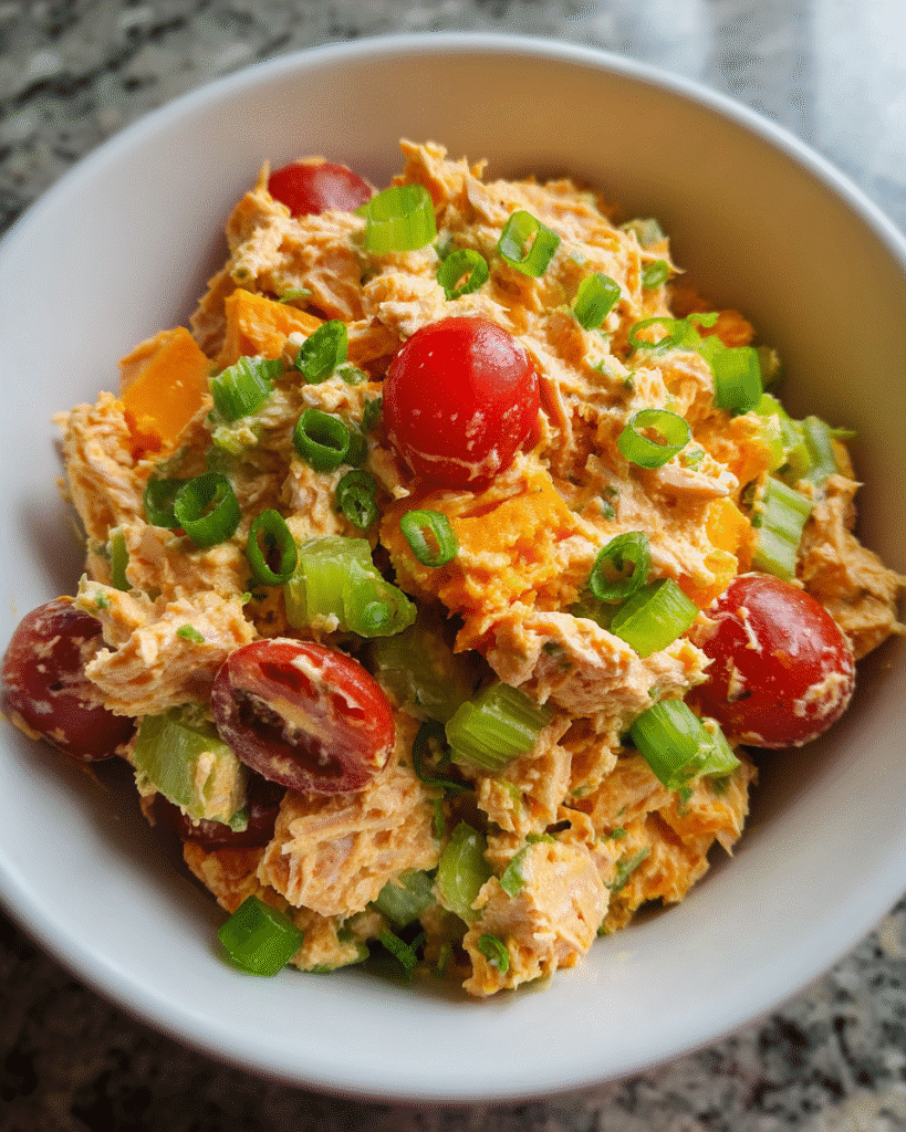 Sweet Potato Tuna Salad in rustic bowl