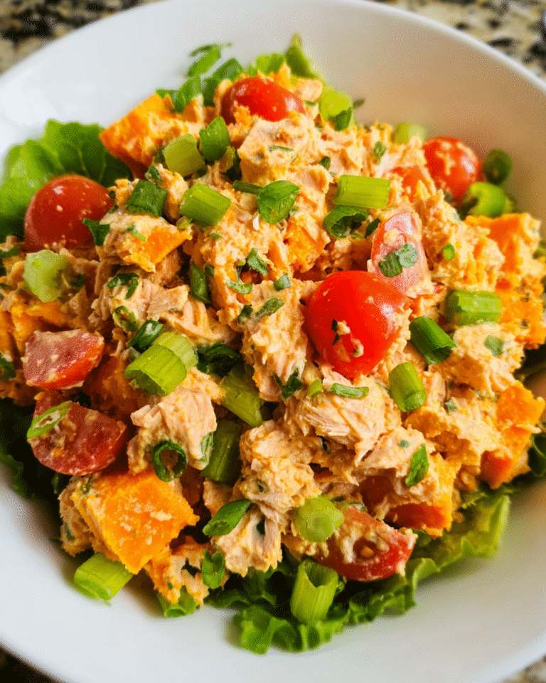 Sweet Potato Tuna Salad in rustic bowl
