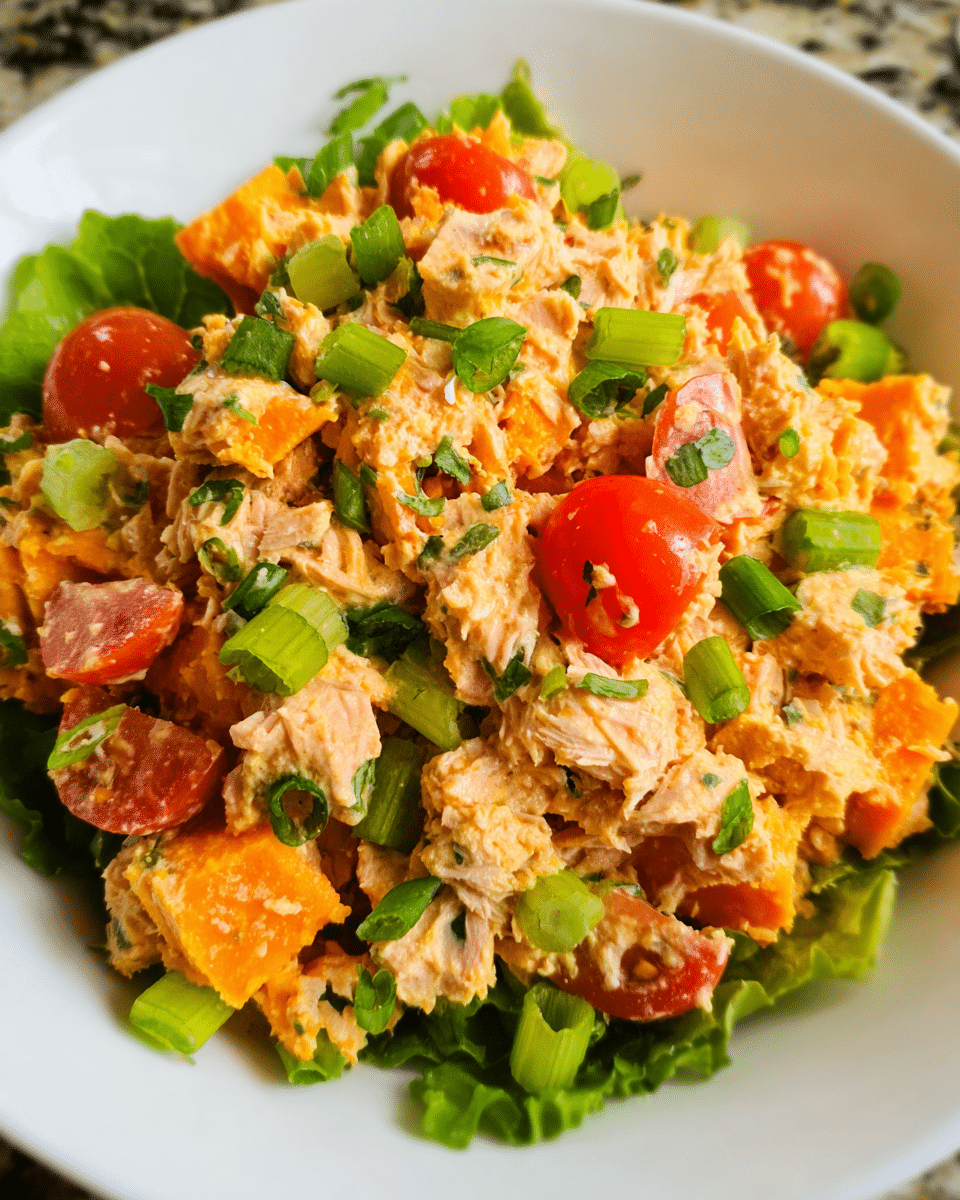 Sweet Potato Tuna Salad in rustic bowl