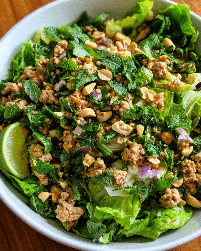Thai-Inspired Turkey Larb Salad served in rustic bowl