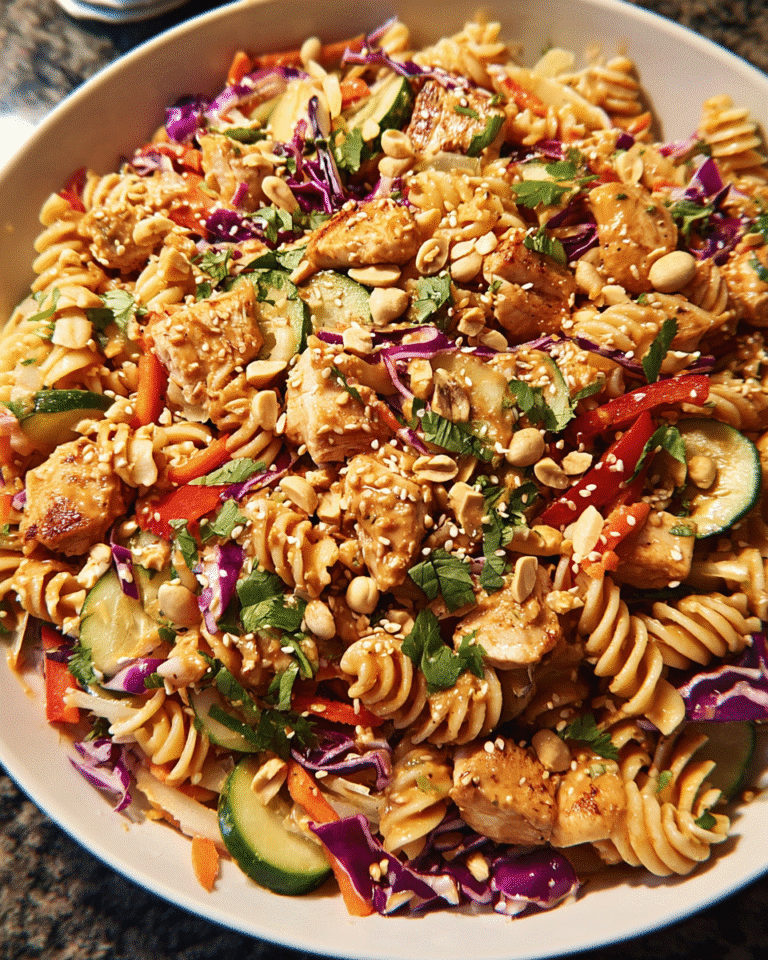 Thai Peanut Chicken Pasta Salad served in bowl with veggies and peanuts