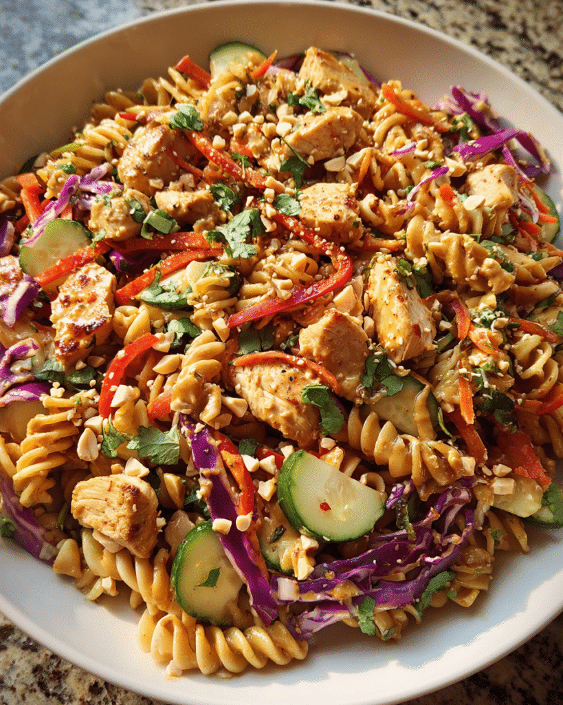 Thai Peanut Chicken Pasta Salad served in bowl with veggies and peanuts