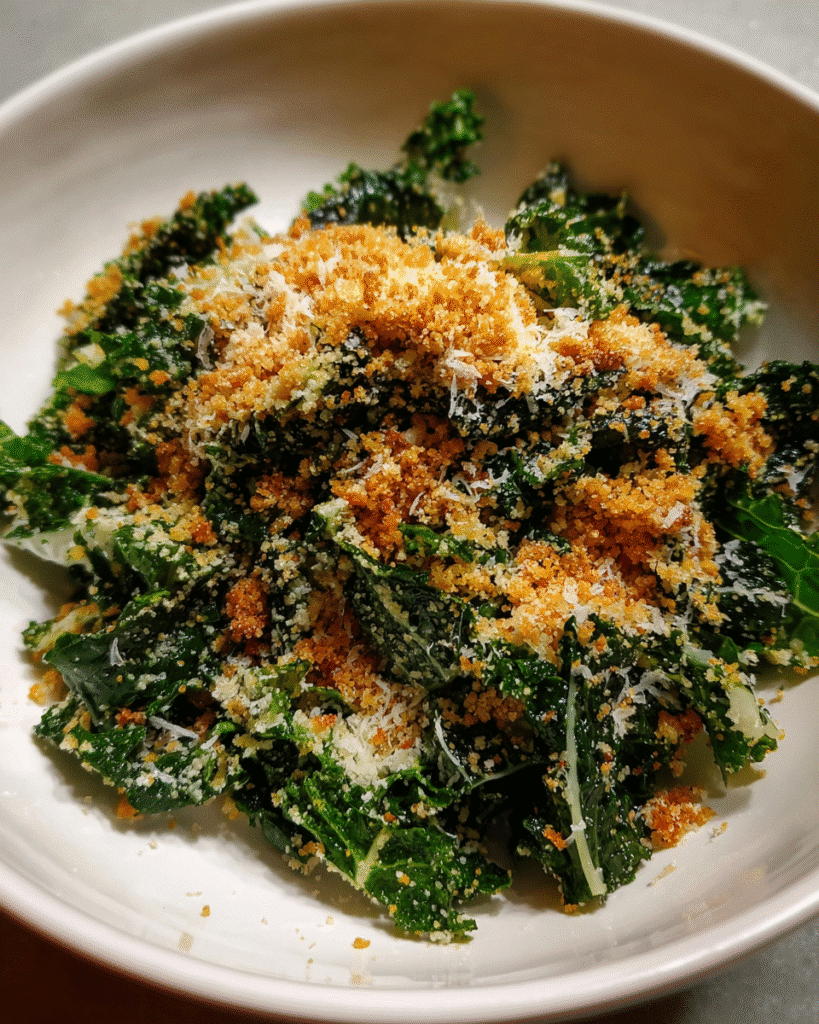 The Perfect Kale Caesar Salad in rustic ceramic bowl