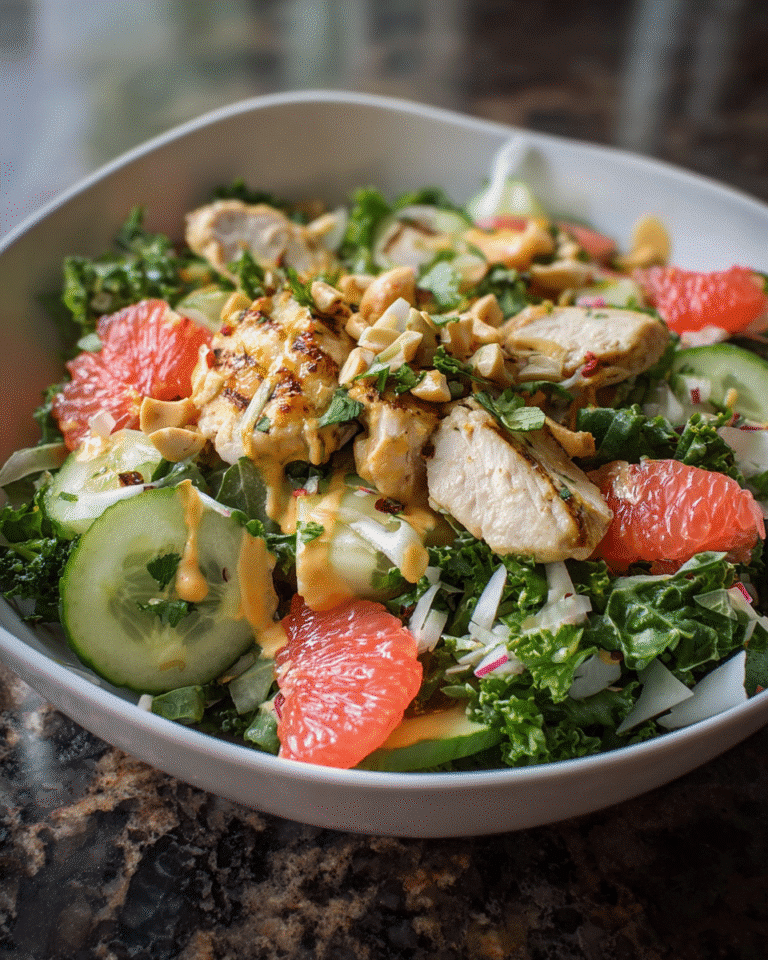 Tropical Kale Chicken Salad with Grapefruit Vinaigrette on ceramic plate