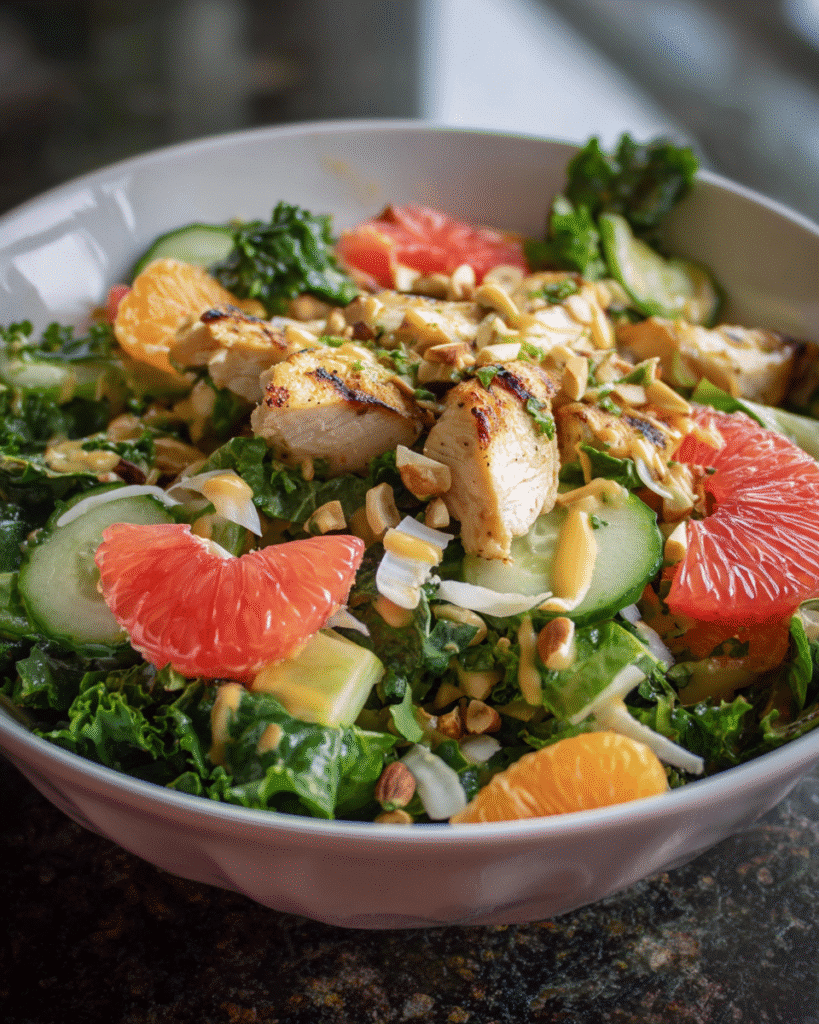Tropical Kale Chicken Salad with Grapefruit Vinaigrette on ceramic plate
