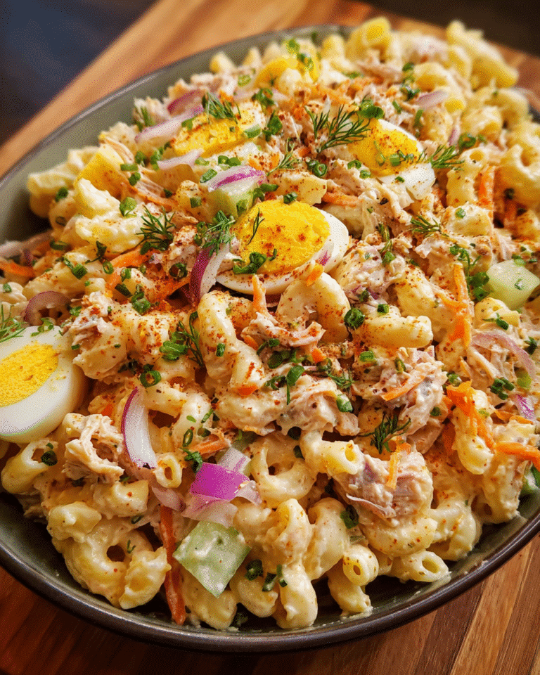 Tuna Macaroni Salad in rustic bowl