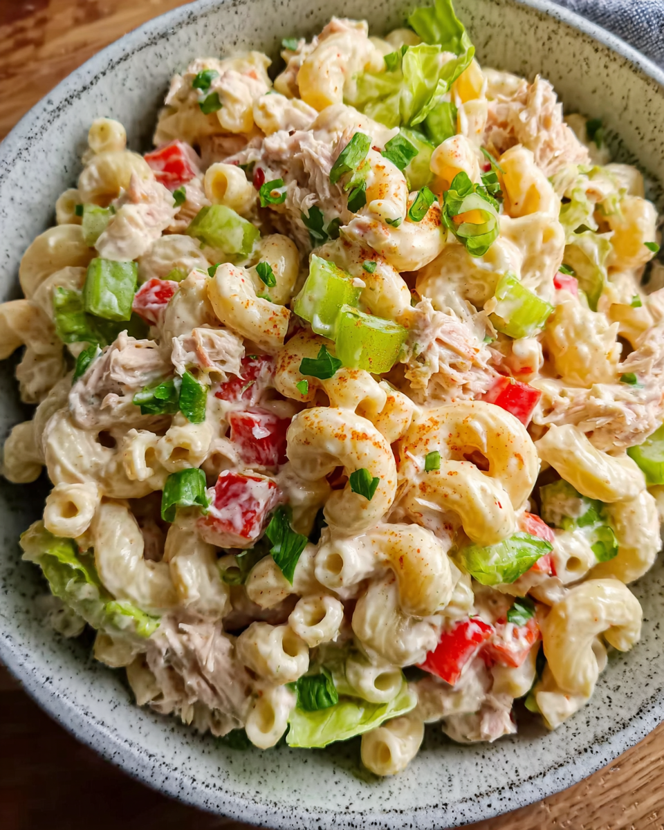 Tuna Macaroni Salad in a bowl with herbs and paprika