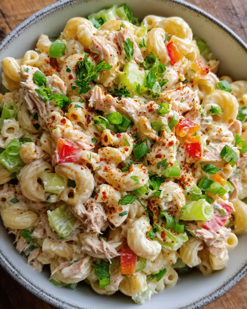 Tuna Macaroni Salad in a bowl with herbs and paprika
