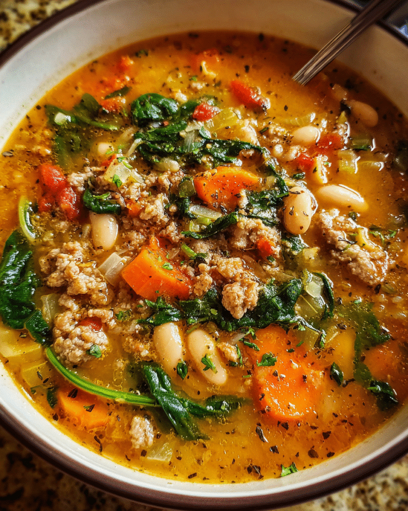 Tuscan White Bean Soup served in rustic bowl
