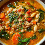 Tuscan White Bean Soup served in rustic bowl
