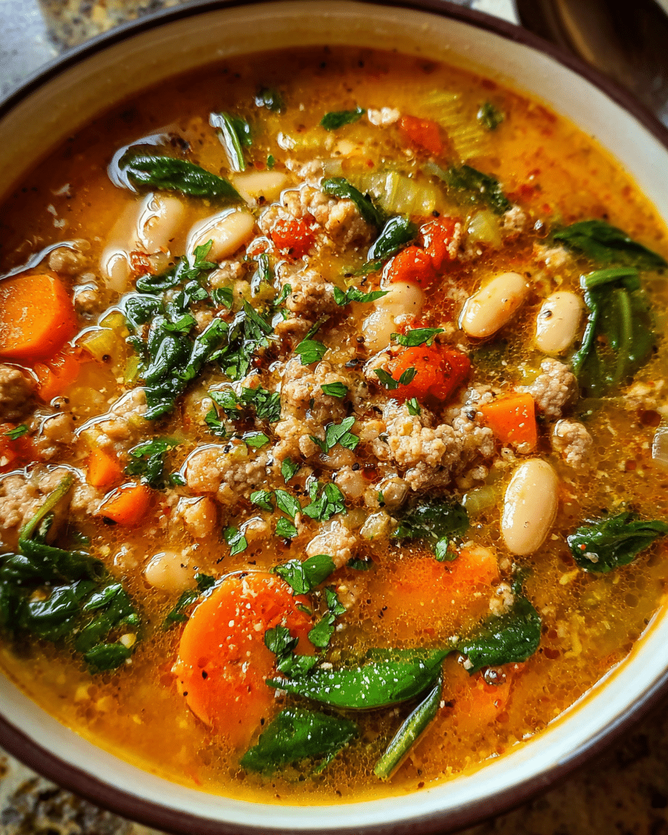 Tuscan White Bean Soup served in rustic bowl