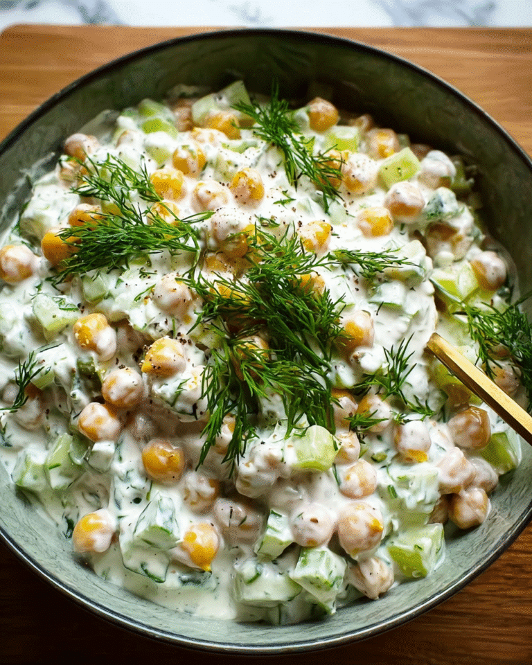 Tzatziki Chickpea Salad in a bowl with cucumbers and dill