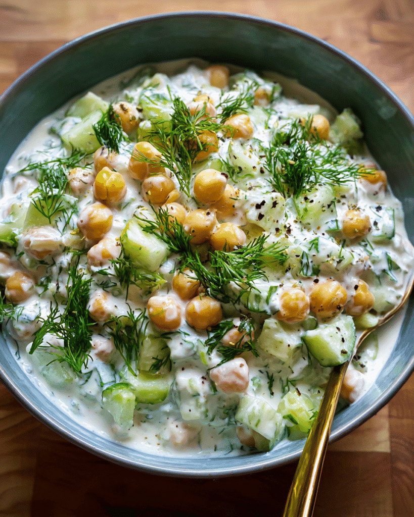 Tzatziki Chickpea Salad in a bowl with cucumbers and dill