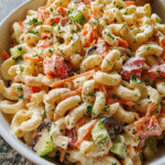 Creamy vegan macaroni salad in serving bowl