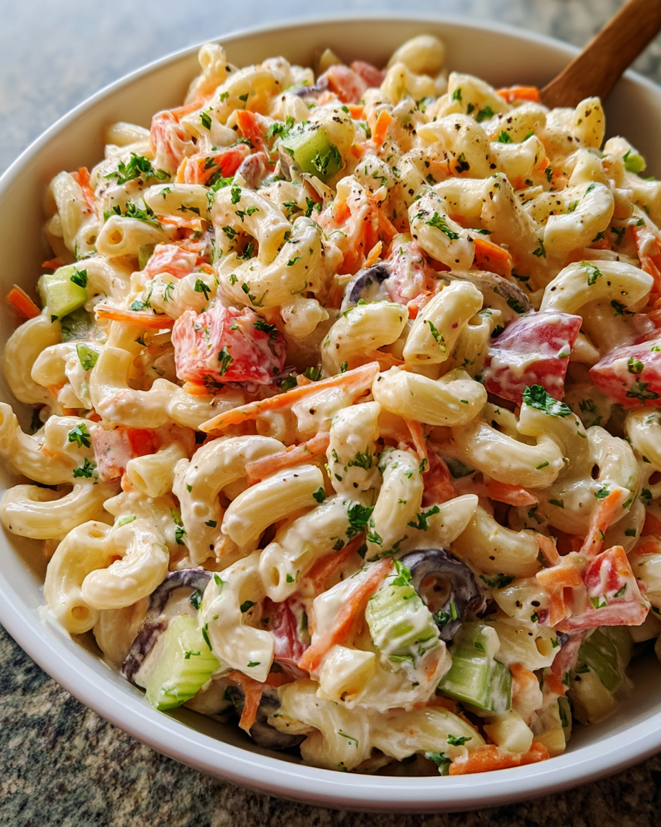 Creamy vegan macaroni salad in serving bowl