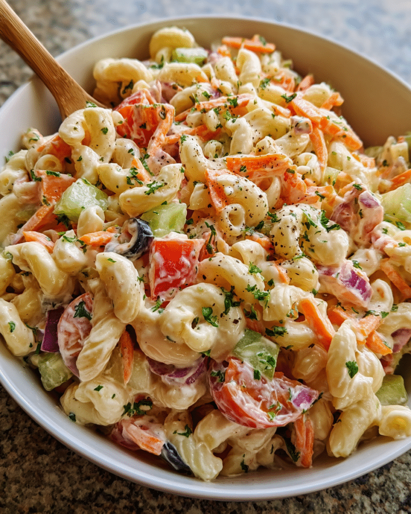 Creamy vegan macaroni salad in serving bowl