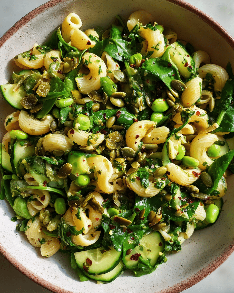 Vegan pasta salad in rustic bowl with green veggies and herbs