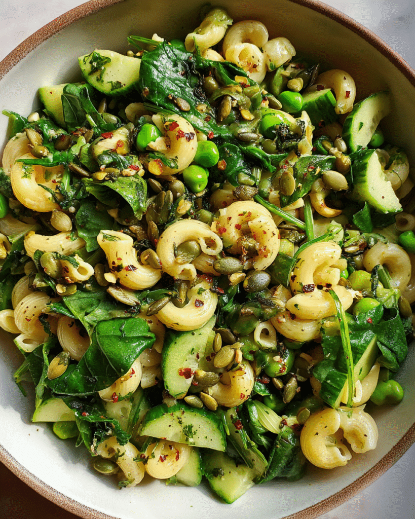 Vegan pasta salad in rustic bowl with green veggies and herbs