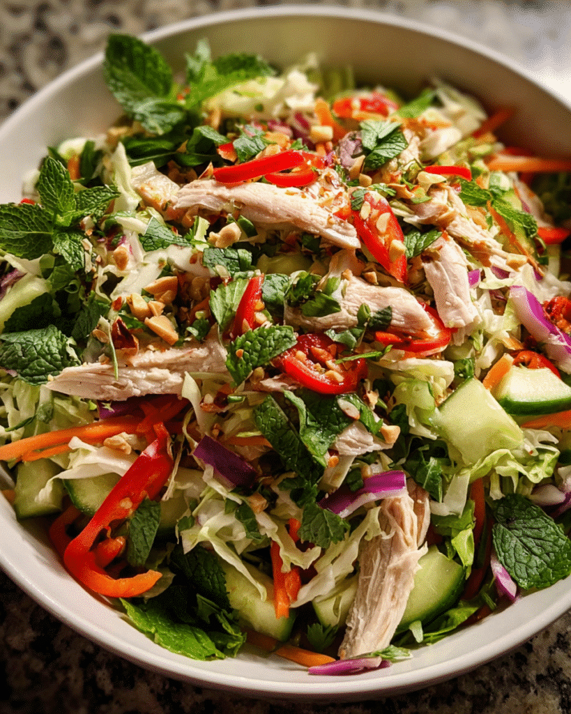 Vietnamese chicken salad served in a ceramic bowl