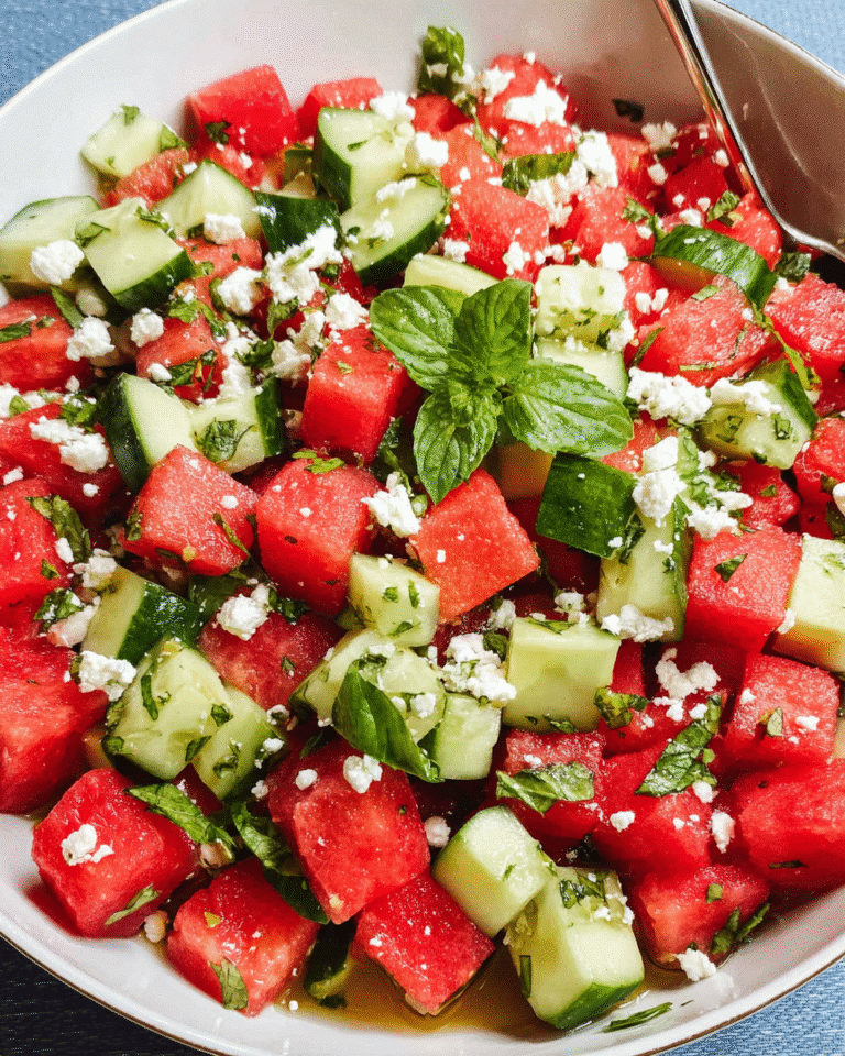 Watermelon Salad with Cucumber in summer setting