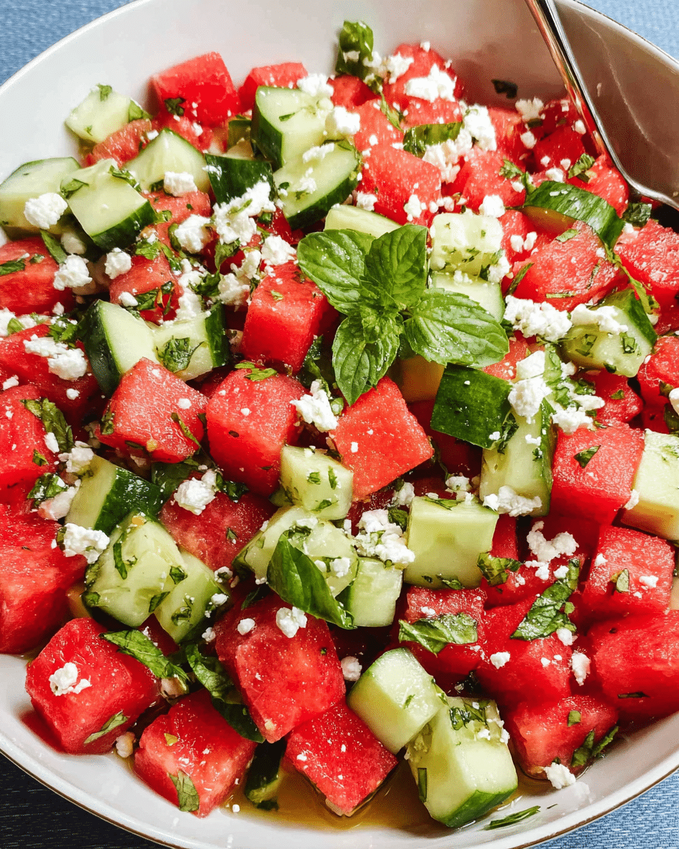 Watermelon Salad with Cucumber in summer setting