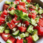 Watermelon Salad with Cucumber in summer setting