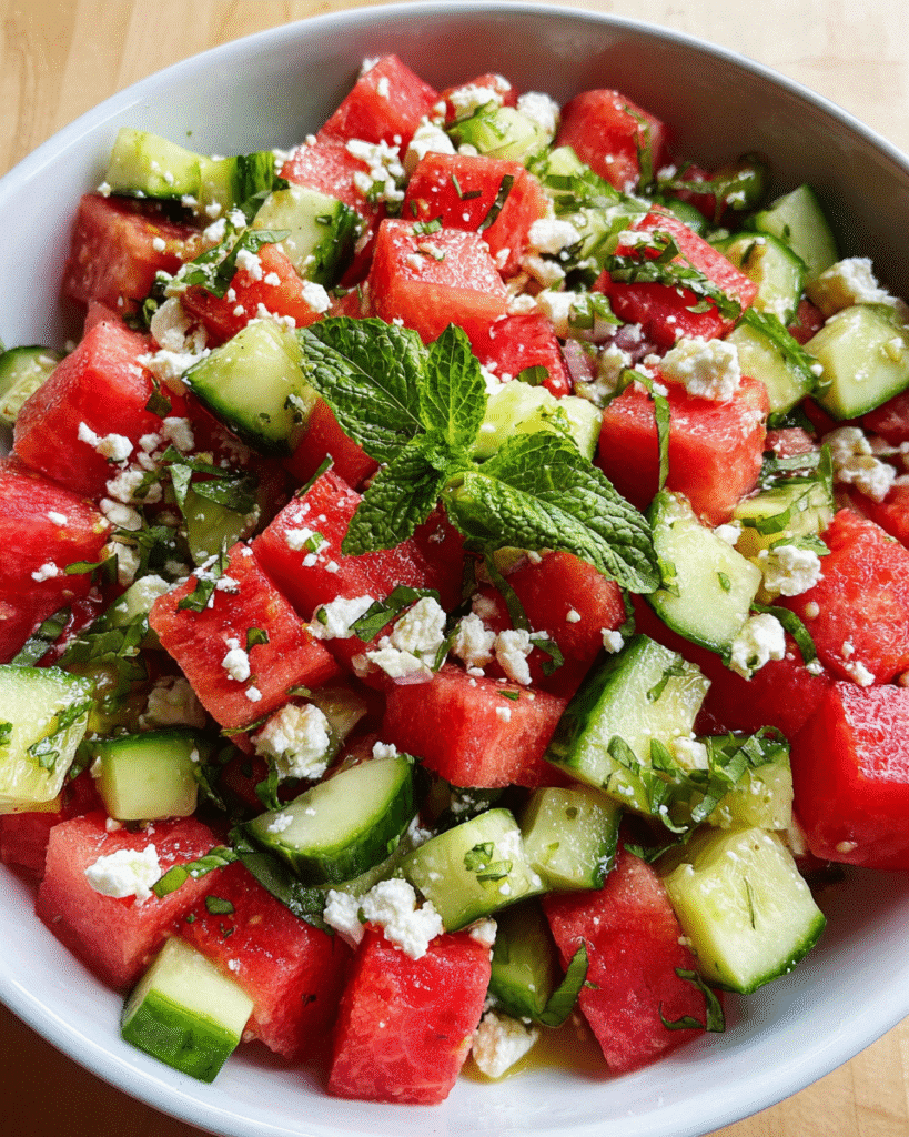 Watermelon Salad with Cucumber in summer setting