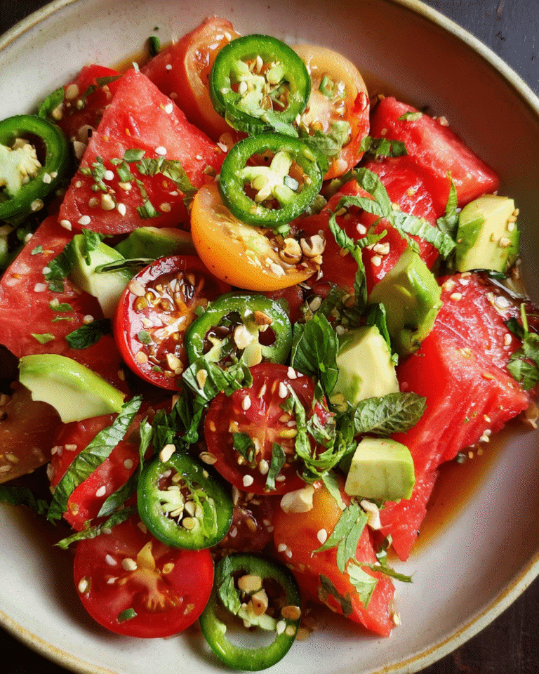 Watermelon Tomato Salad with avocado and basil