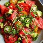 Watermelon Tomato Salad with avocado and basil