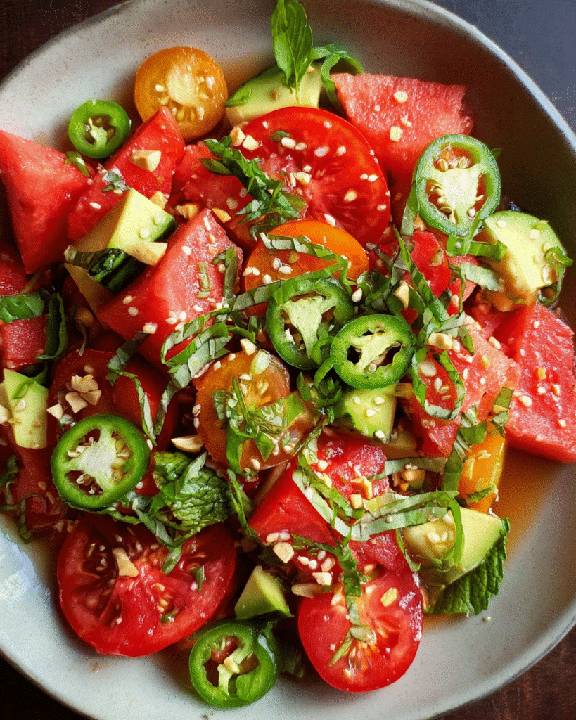 Watermelon Tomato Salad with avocado and basil