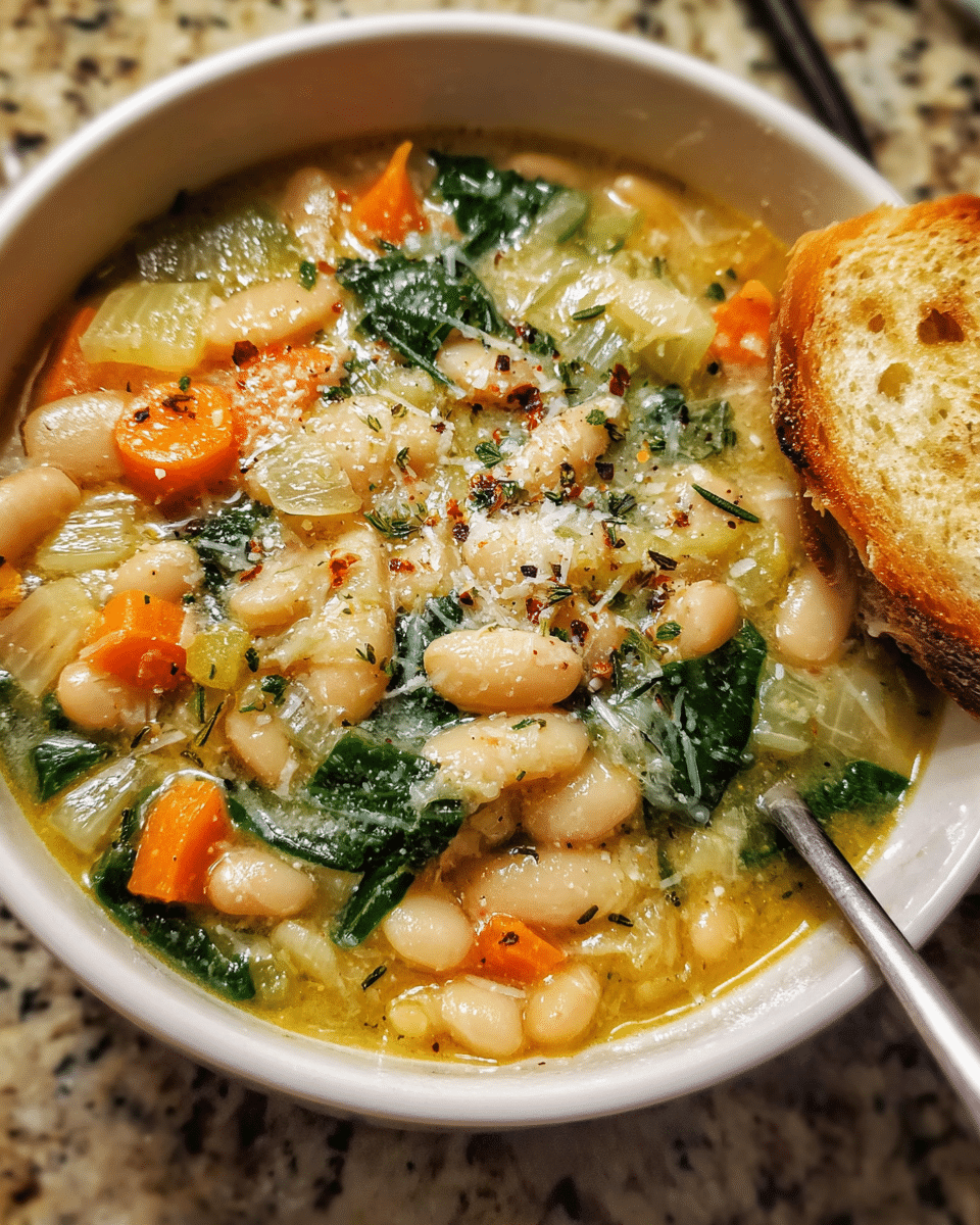 White bean soup in rustic bowl with parsley and Parmesan