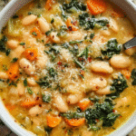 White bean soup in rustic bowl with parsley and Parmesan
