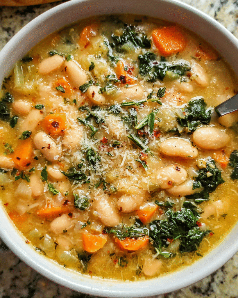 White bean soup in rustic bowl with parsley and Parmesan