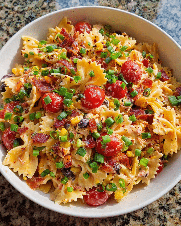 Cowboy pasta salad served in rustic bowl