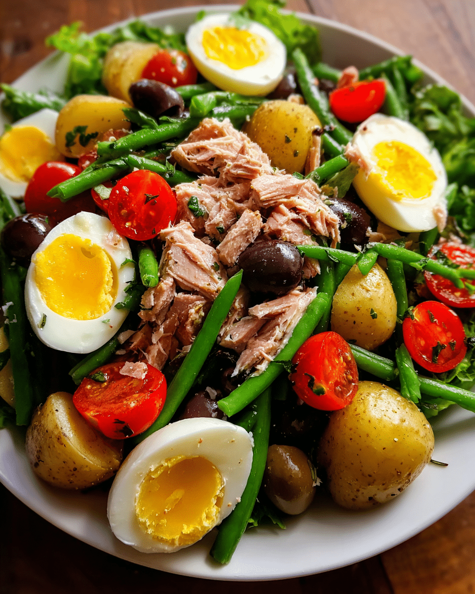 French salad with tuna on rustic plate