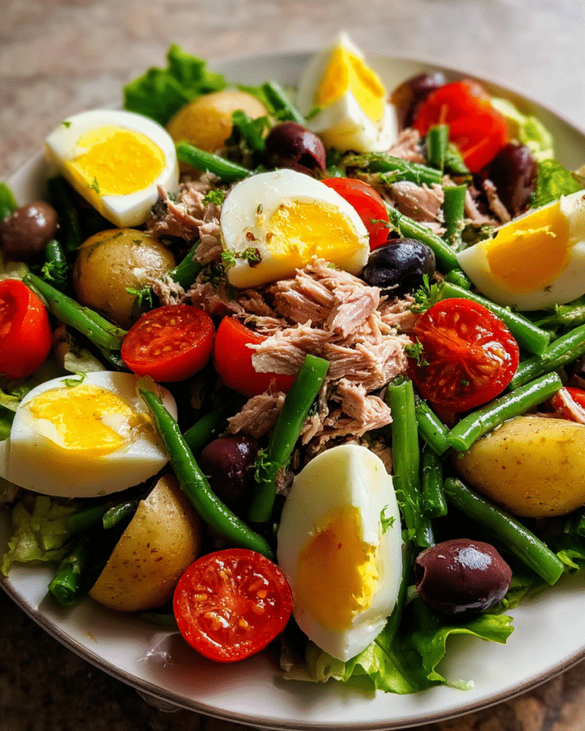 French salad with tuna on rustic plate