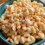hawaiian macaroni salad in wooden bowl