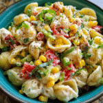 pasta salad with corn bacon and buttermilk ranch dressing served in a bowl