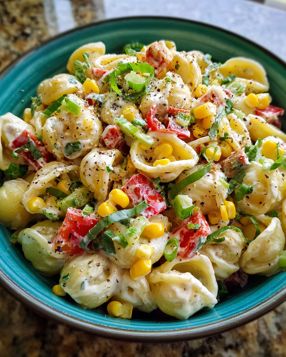 pasta salad with corn bacon and buttermilk ranch dressing served in a bowl