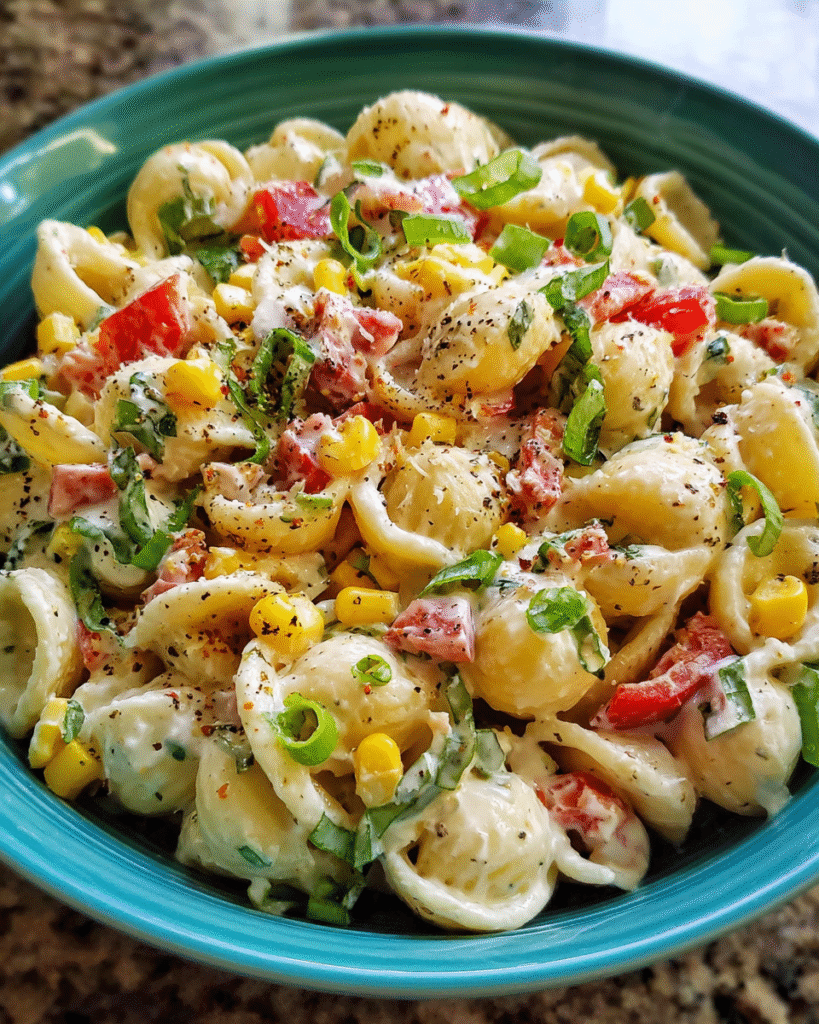 pasta salad with corn bacon and buttermilk ranch dressing served in a bowl