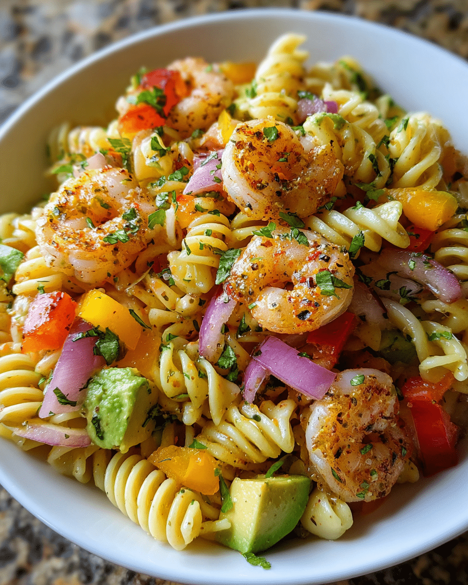 Shrimp bacon avocado pasta salad in serving bowl