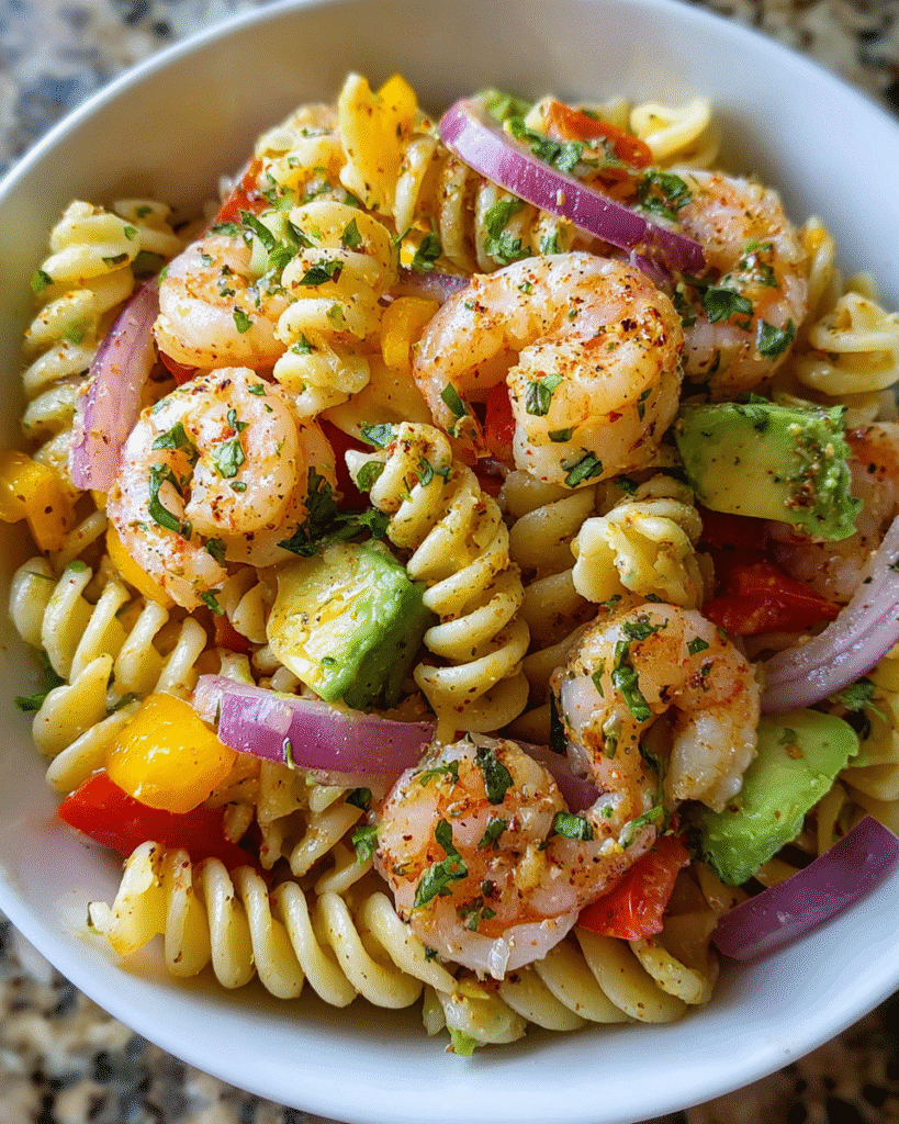 Shrimp bacon avocado pasta salad in serving bowl