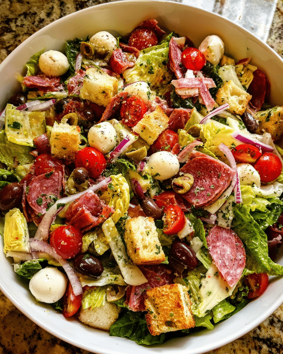 Antipasto salad in rustic bowl with meats, cheese, and greens