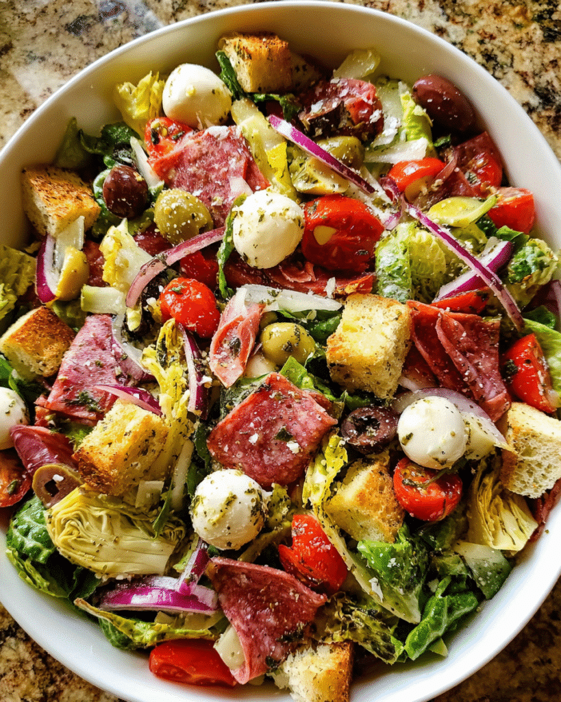 Antipasto salad in rustic bowl with meats, cheese, and greens