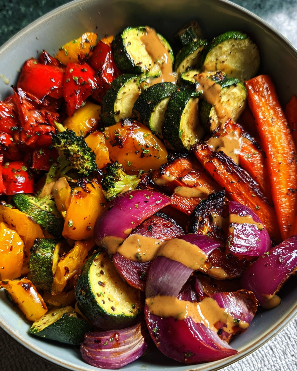 Amazing Roasted Veggie Rainbow Bowl on wooden table