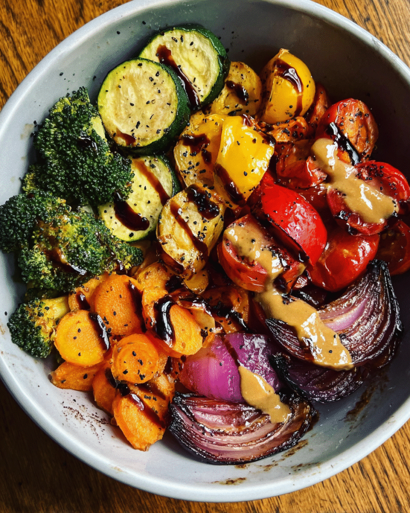 Amazing Roasted Veggie Rainbow Bowl on wooden table