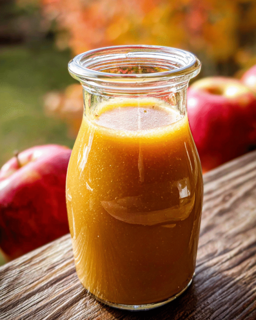 Homemade apple cider vinaigrette on rustic kitchen table