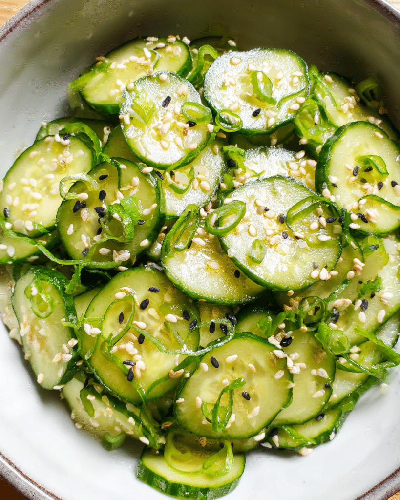 Asian Cucumber Sesame Salad served in bowl with garnishes