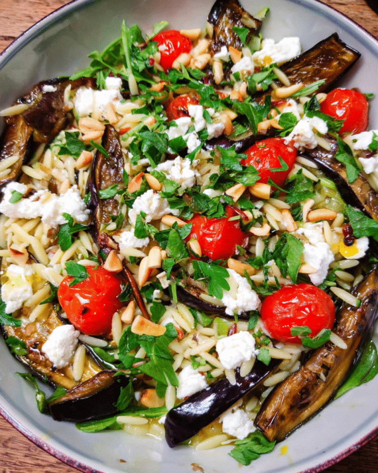 Aubergine salad with roasted eggplant and orzo